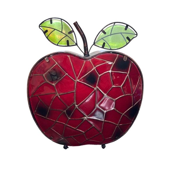 Red Apple Tiffany-Style Stained Faux Glass With Green Leaves 3D 10x8x4 - Picture 1 of 4